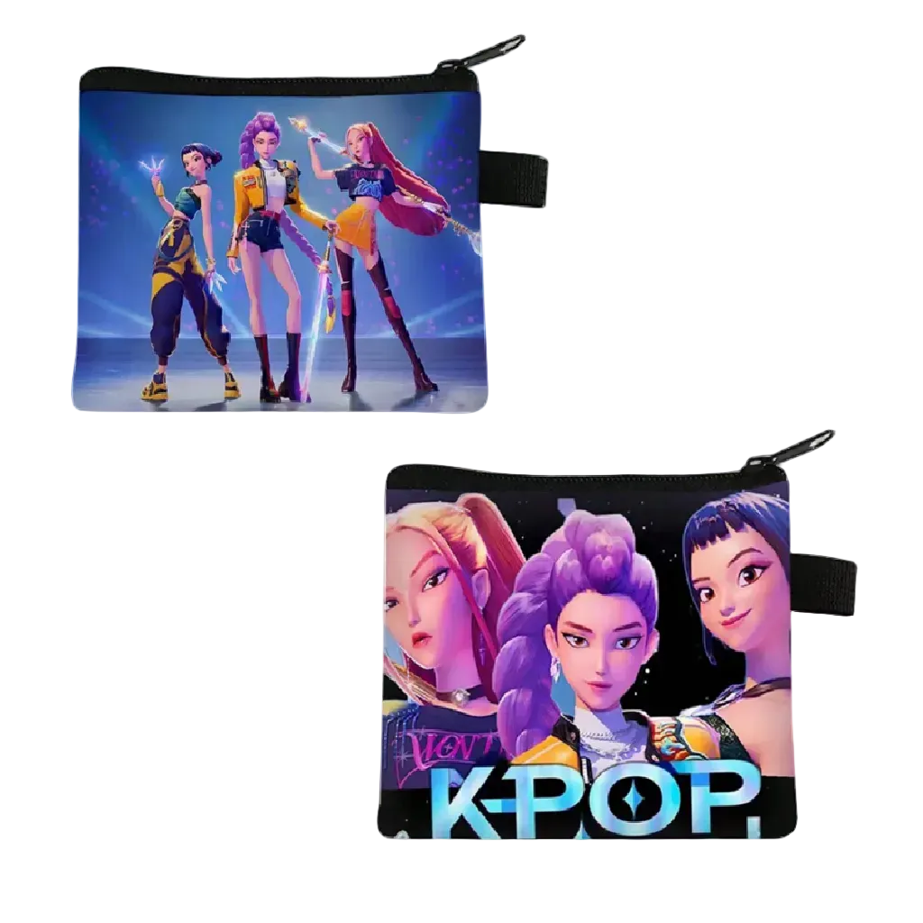 Two pouches with K-style-themed designs featuring animated characters on a white background.