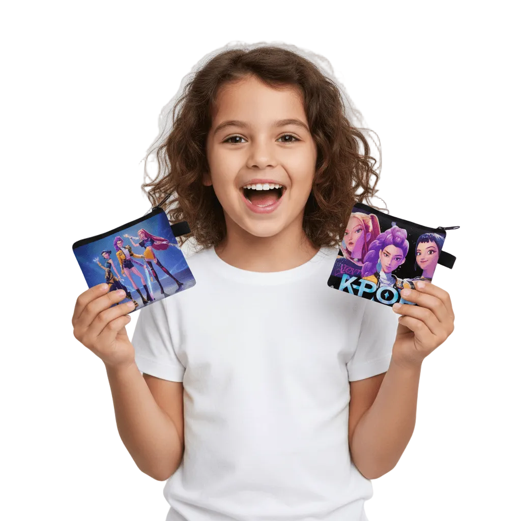 Pouch with K-tyle design featuring three animated characters on a white background
