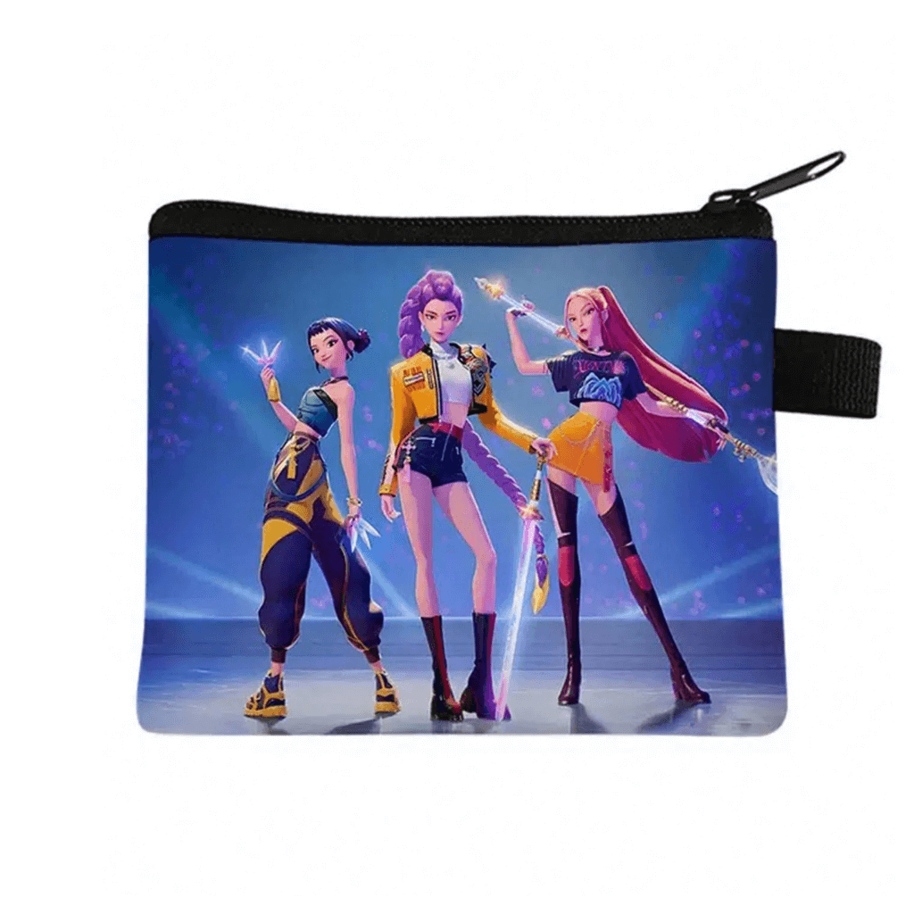 Pouch with animated characters holding magical weapons on a blue background