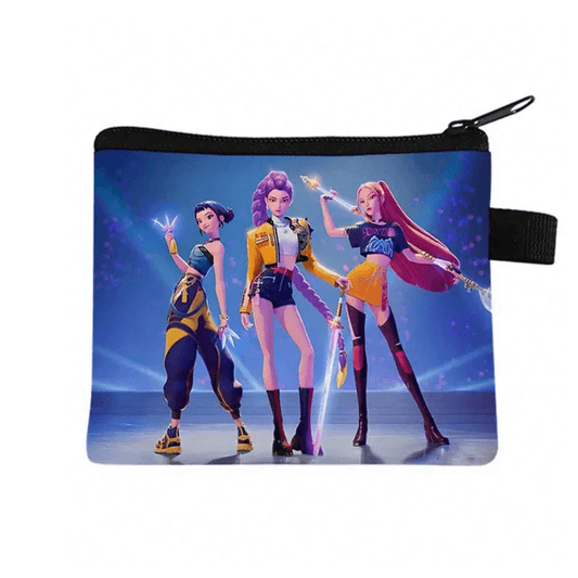Pouch with animated characters holding magical weapons on a blue background