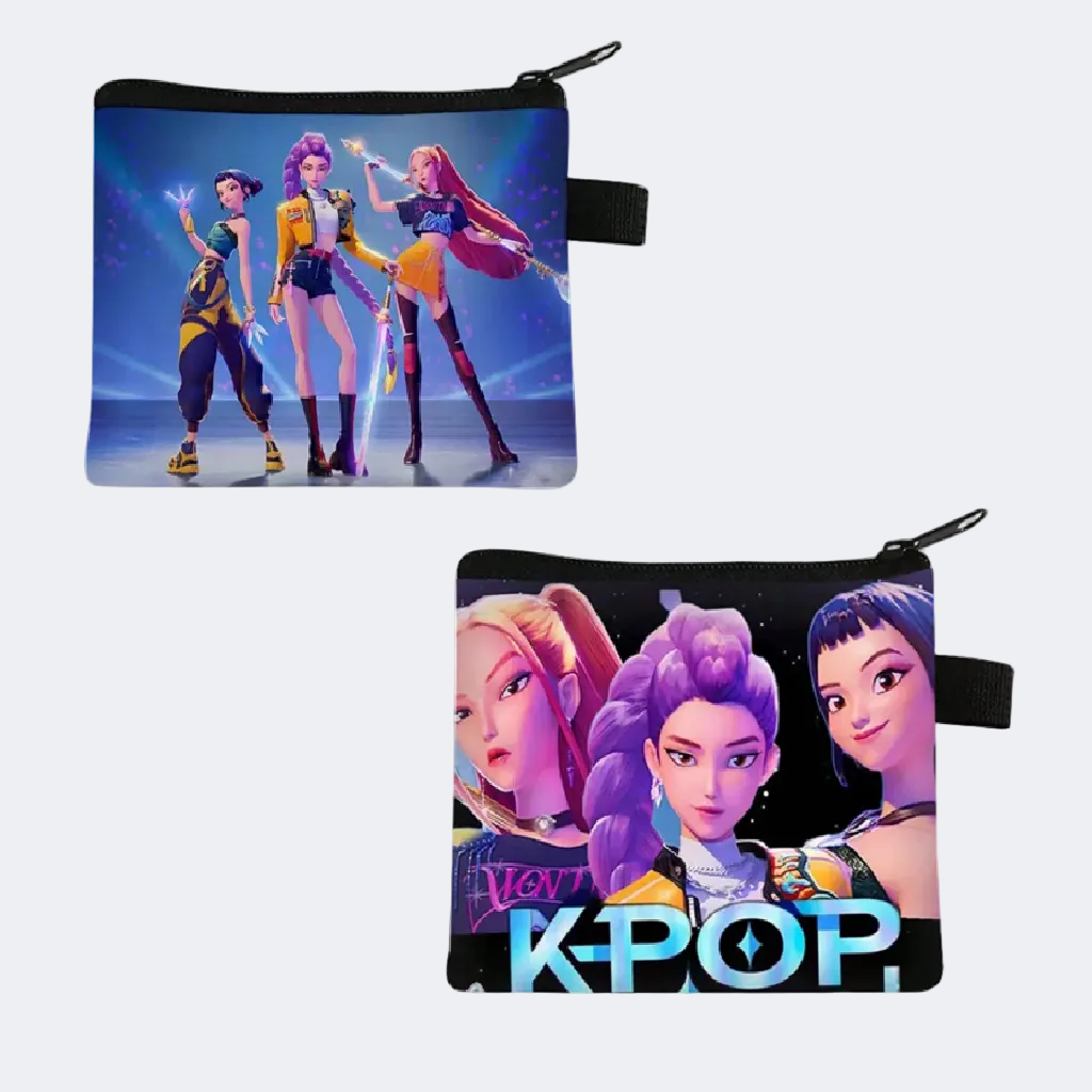 Two pouches with K-POP-themed designs featuring animated characters on a white background.