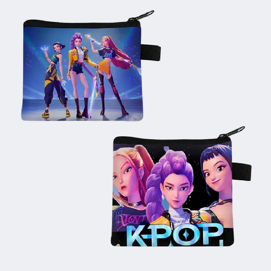 Two pouches with K-POP-themed designs featuring animated characters on a white background.