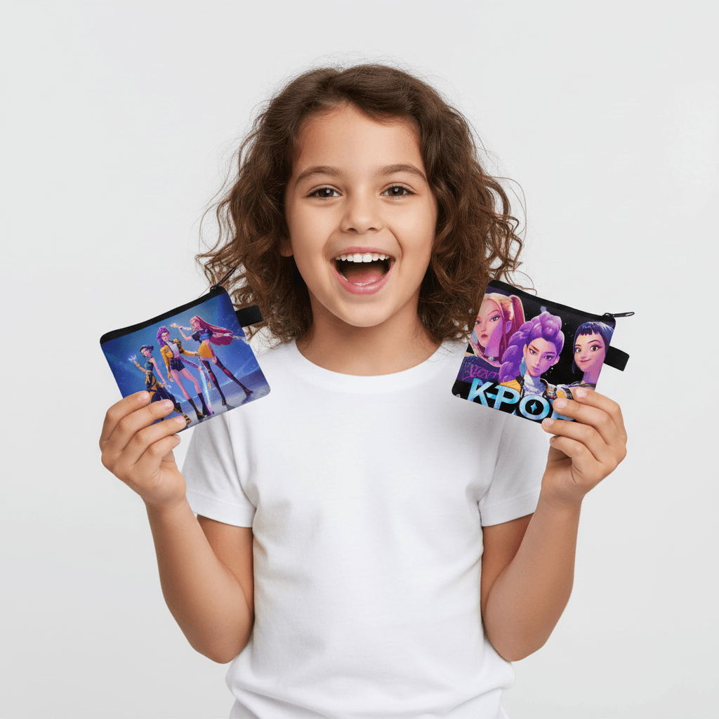 Pouch with K-Pop design featuring three animated characters on a white background