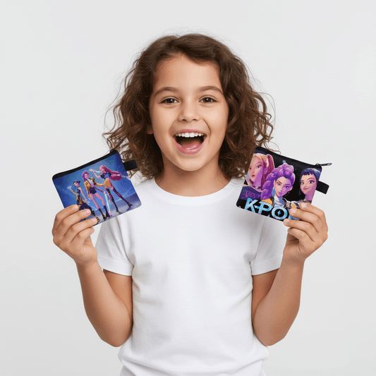 Pouch with K-Pop design featuring three animated characters on a white background