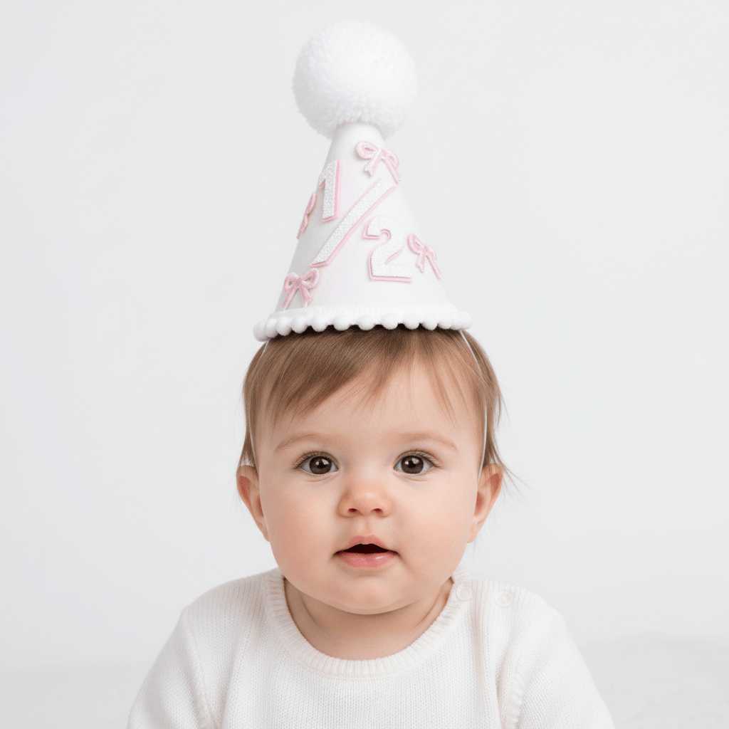 White birthday hat with pink numbers and bows on a white background