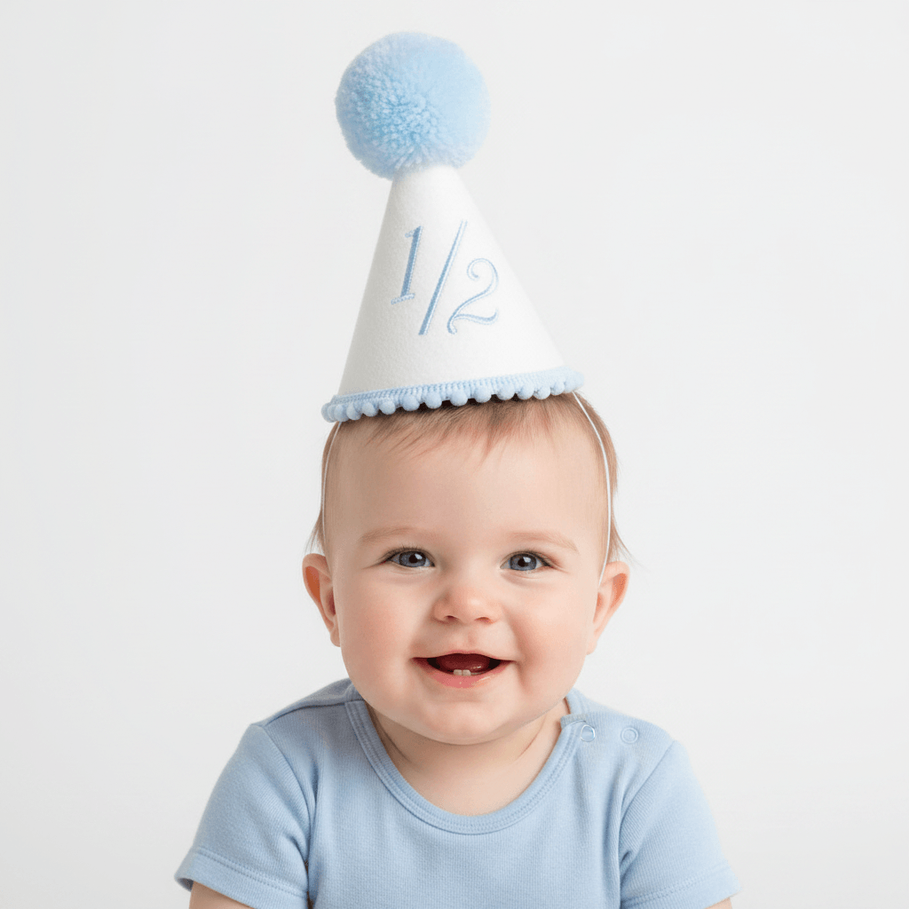 A white half birthday party hat with a light blue pom-pom on top, featuring the text '1/2' embroidered on the front and a light blue pom-pom trim along the brim.