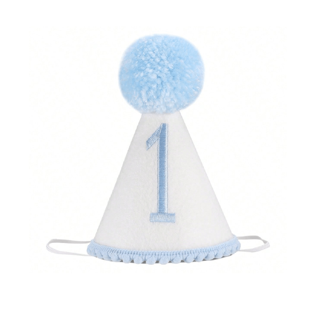 A white felt party hat with a light blue pom-pom on top, a light blue embroidered number 1 on the front, and a light blue tassel trim along the brim, shown on a plain white background.