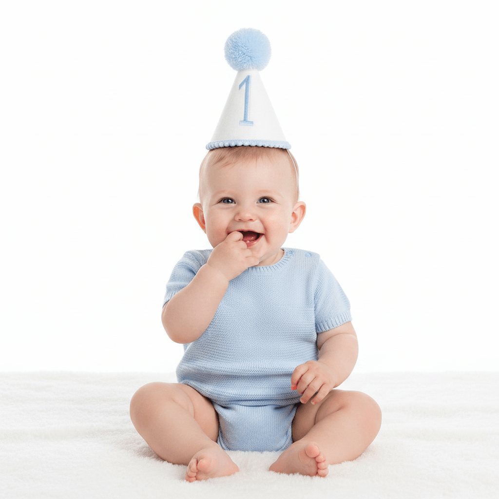 A baby sitting on a white rug wearing a light blue knit bodysuit and a white party hat with a blue pom-pom and the number 1, against a plain white background.