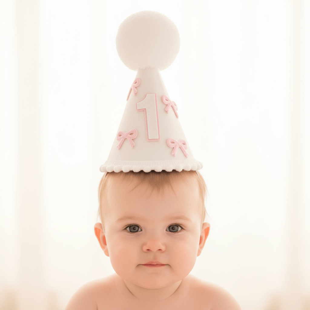White party hat with pink bows and number '1' on a white background