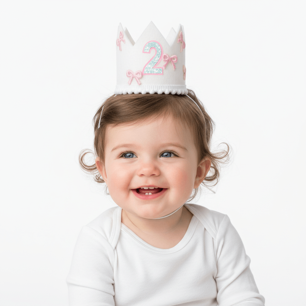 White birthday crown with pink number '2' and bows on a white background