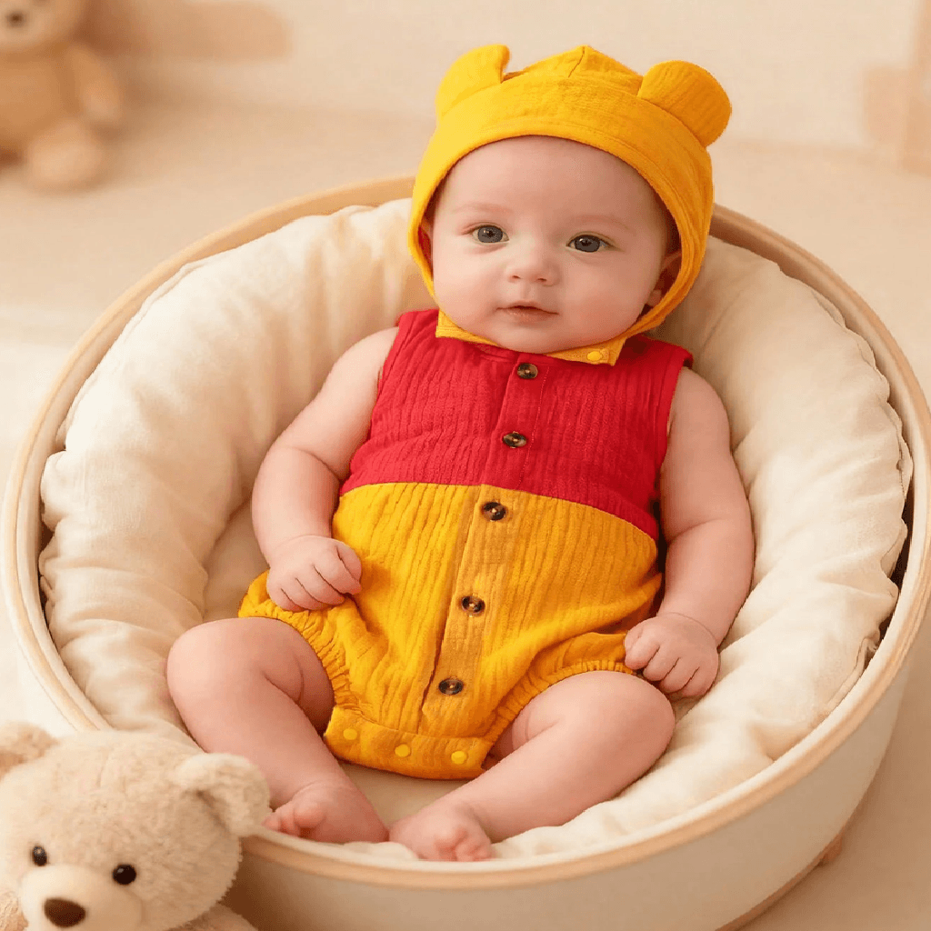 A baby wearing a red and yellow ribbed romper with a matching yellow bonnet sits in a round cream cushioned bassinet, with a teddy bear at the side.