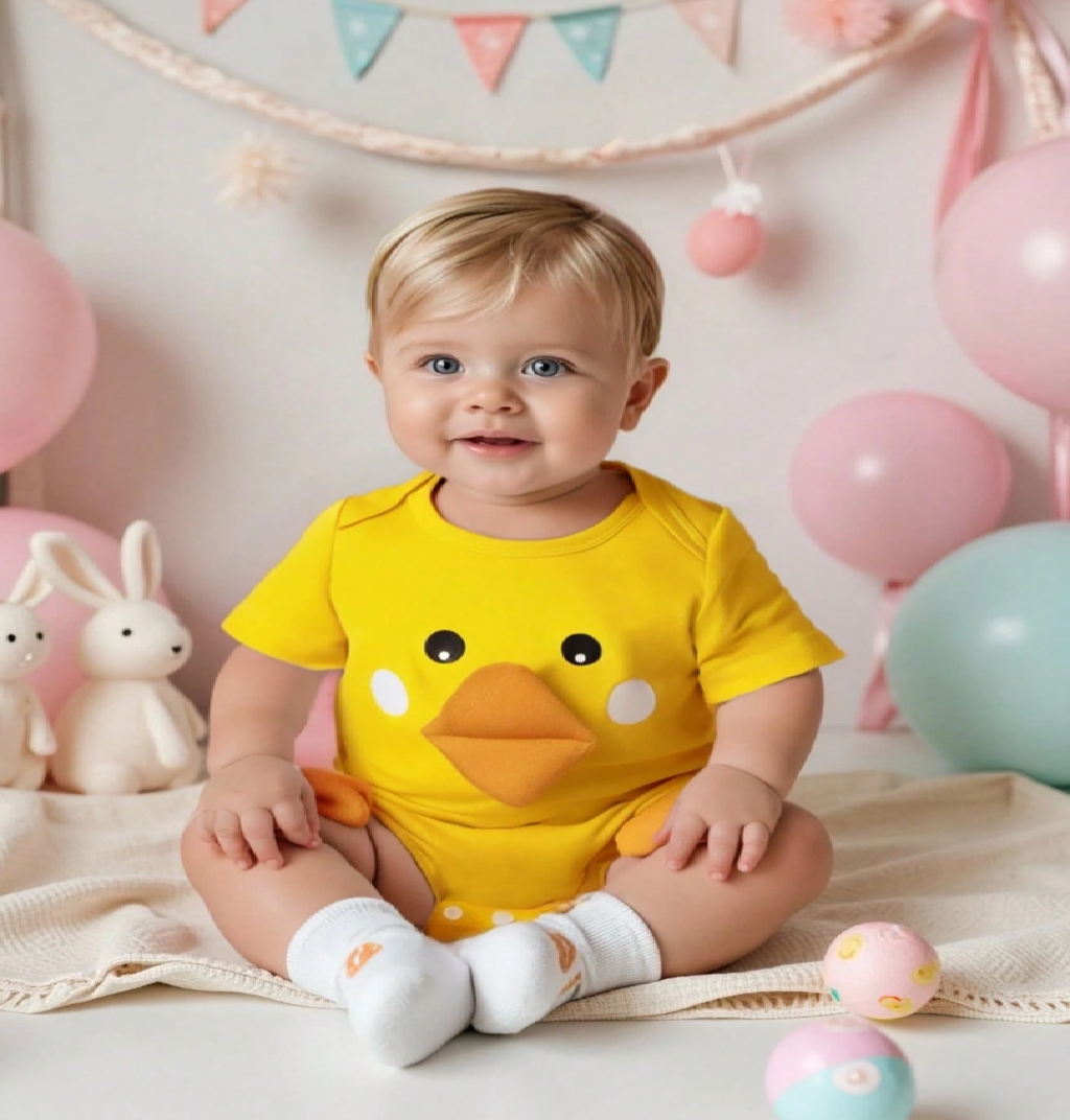 Baby wearing a yellow duck onesie in a decorated room with balloons and toys.