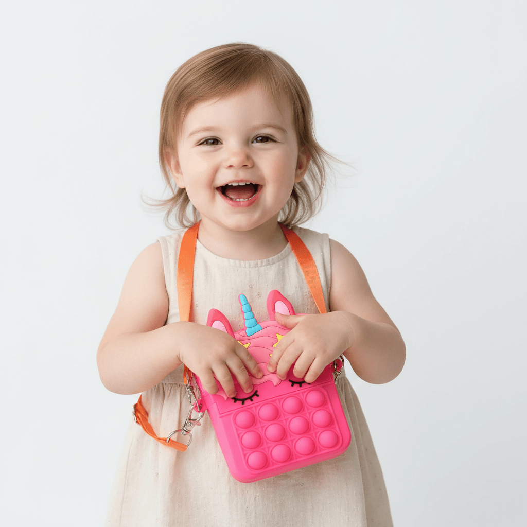 Pink unicorn-shaped pop-it bag on a white surface with a blurred background