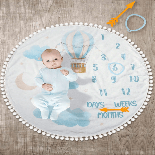 Baby milestone blanket with hot air balloon design and baby photo on a wooden surface