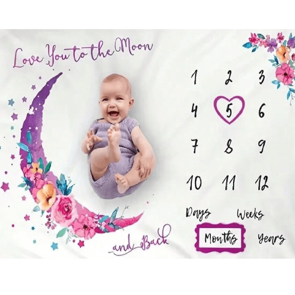 Baby milestone blanket with numbers and floral designs, featuring a baby in the center.