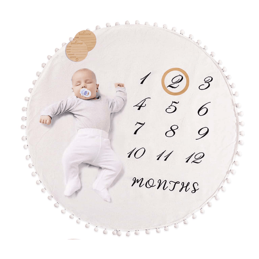 Baby lying on a round milestone mat with numbers and text