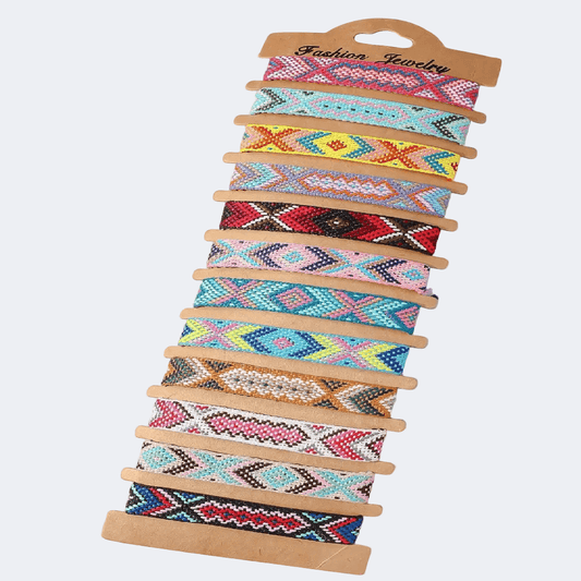 Set of colorful beaded bracelets on a wooden display card with 'Fashion Jewelry' text.