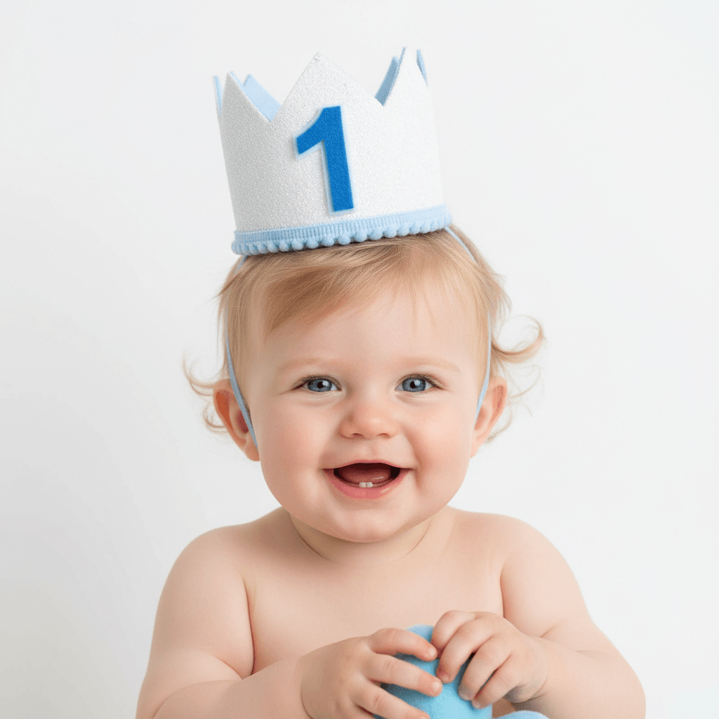 White birthday crown with blue number '1' on a light gray background