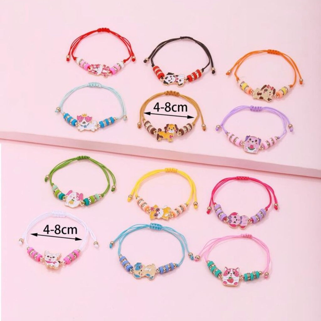 Colorful bracelets with cartoon characters on a pink background