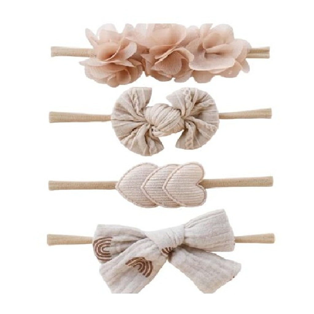 Set of four baby hairbands with floral, knotted, leaf, and bow designs