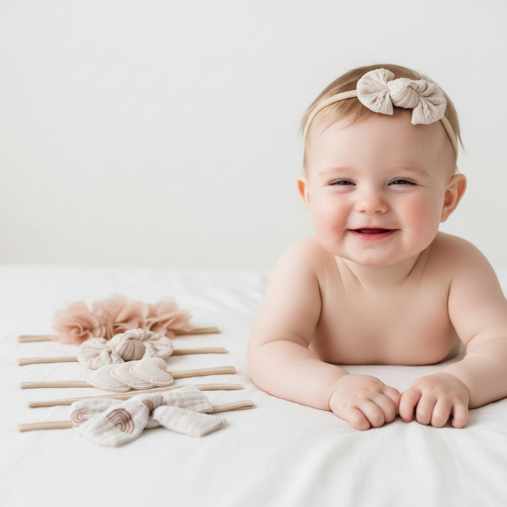 Set of four baby hairbands with floral, knotted, leaf, and bow designs