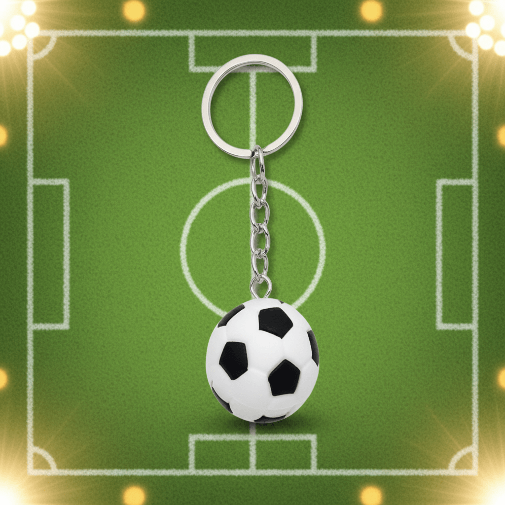Soccer ball keychain on a green field background