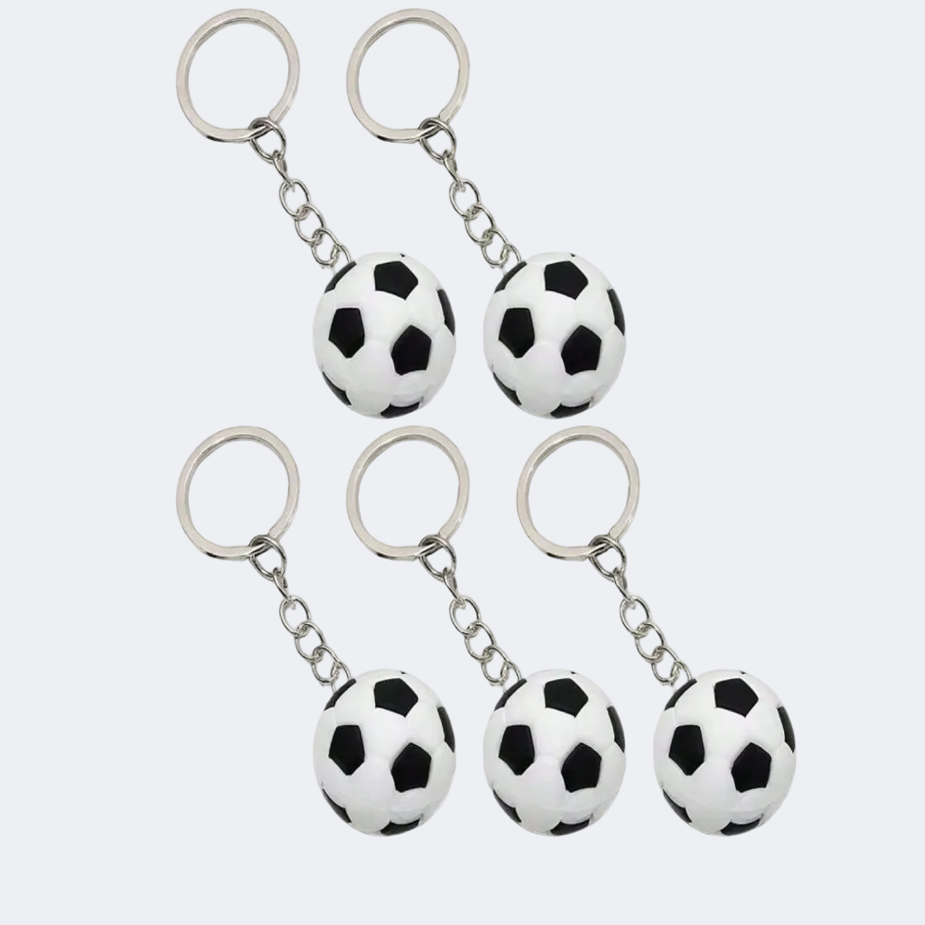 Five soccer ball keychains on a white background