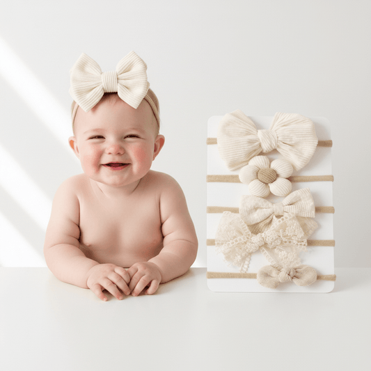 Set of baby hairbands with various designs on a white background