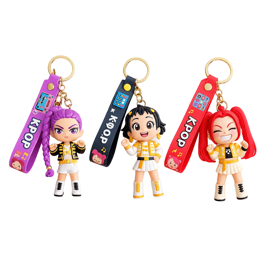 Keychain with a character and purple strap labeled 'K-style' held by a hand on a white background