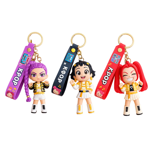 Keychain with a character and purple strap labeled 'K-style' held by a hand on a white background