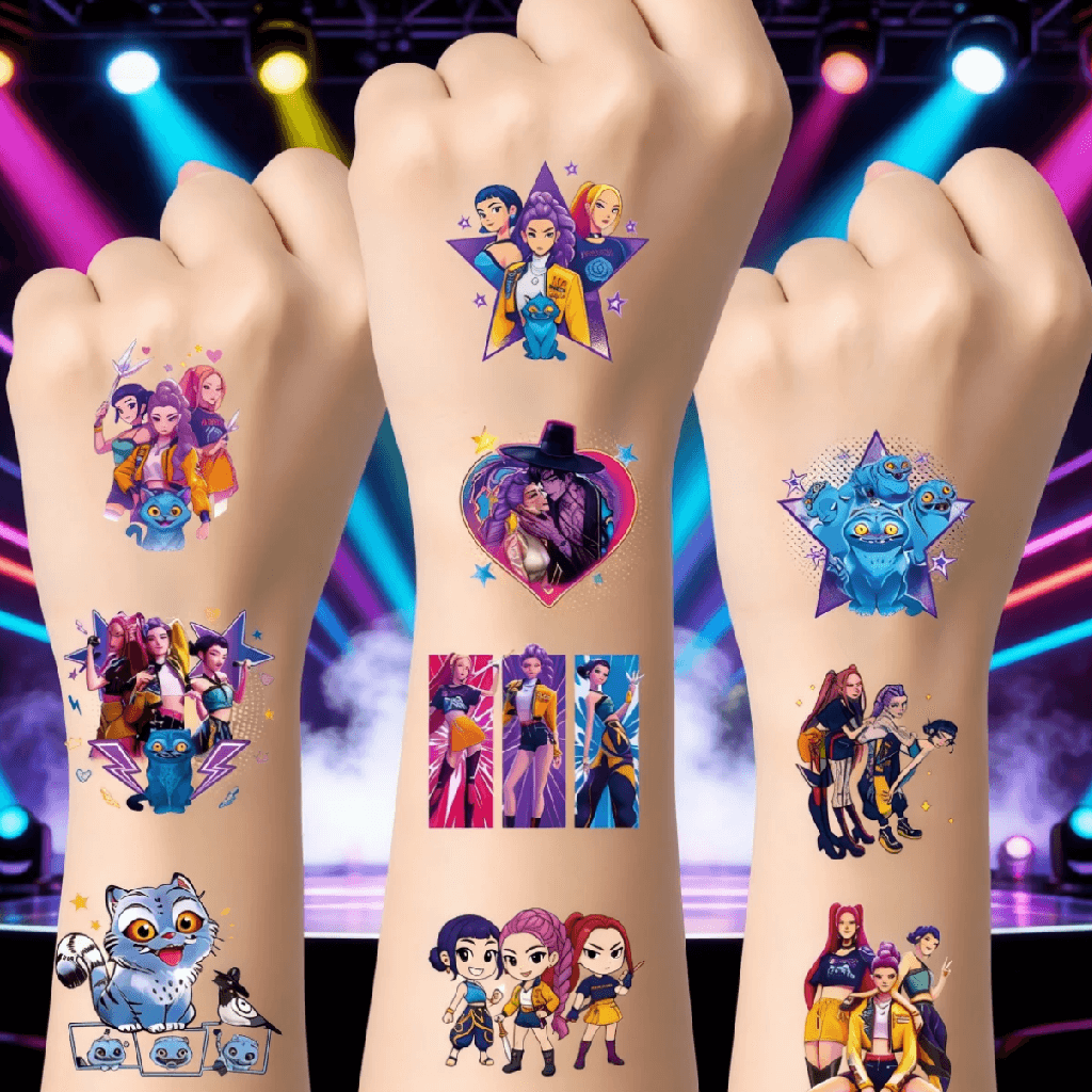 Temporary tattoos of animated characters on a person's wrist with a colorful stage background.