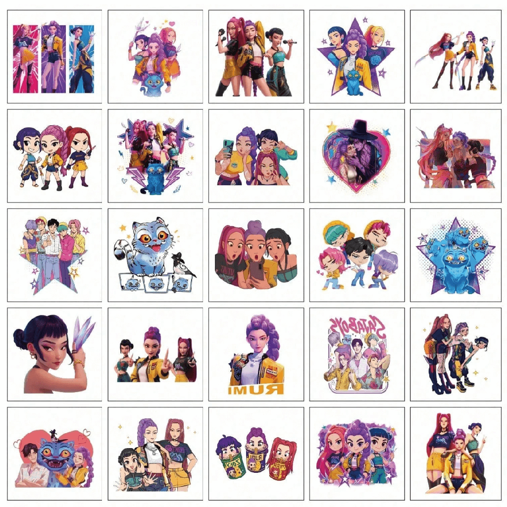 Collection of colorful animated character stickers arranged in a grid.