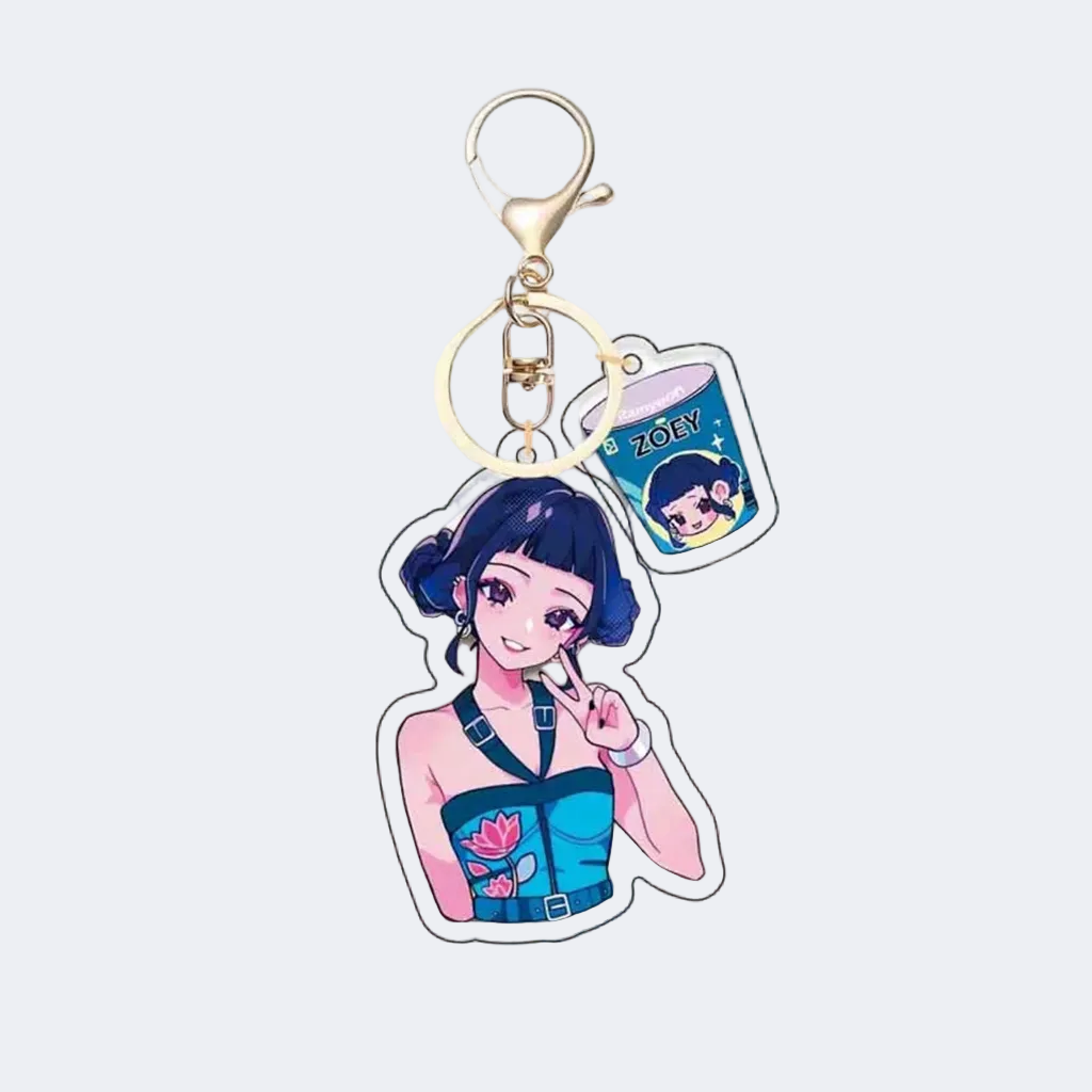 Keychain with an anime-style character and a small window displaying 'Zoey'.
