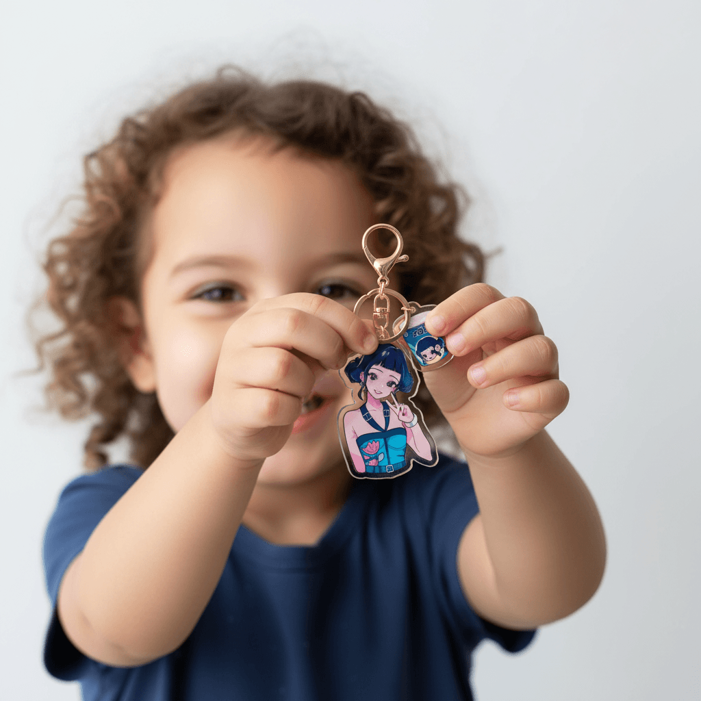 Keychain with an anime-style character and a small window displaying 'Zoey'.