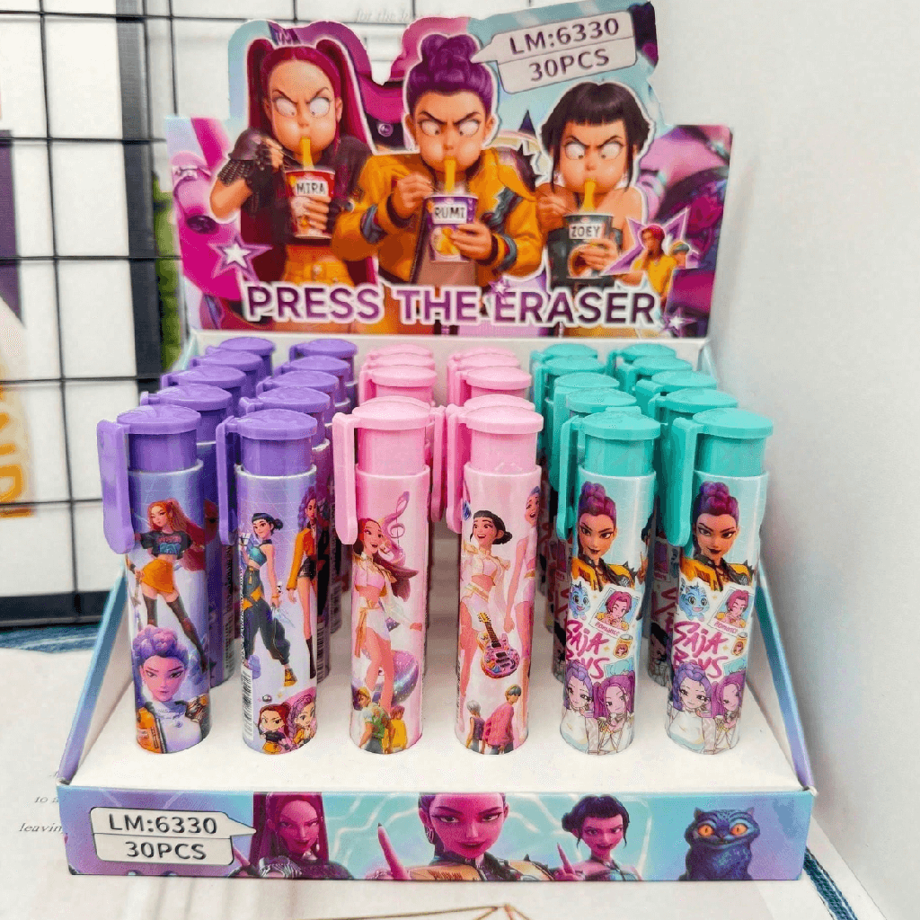 Display of colorful erasers with cartoon characters in a box.
