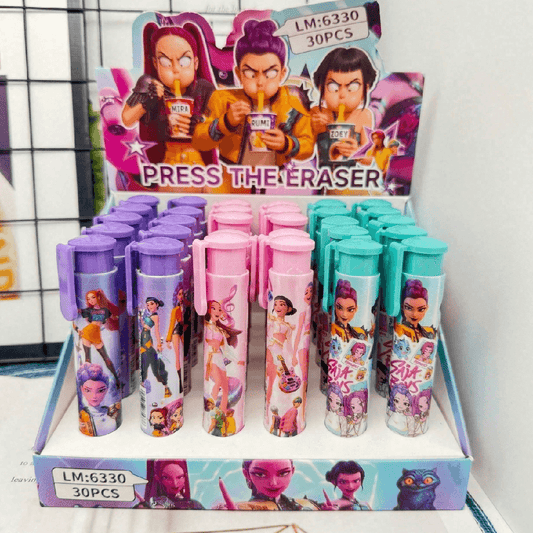 Display of colorful erasers with cartoon characters in a box.