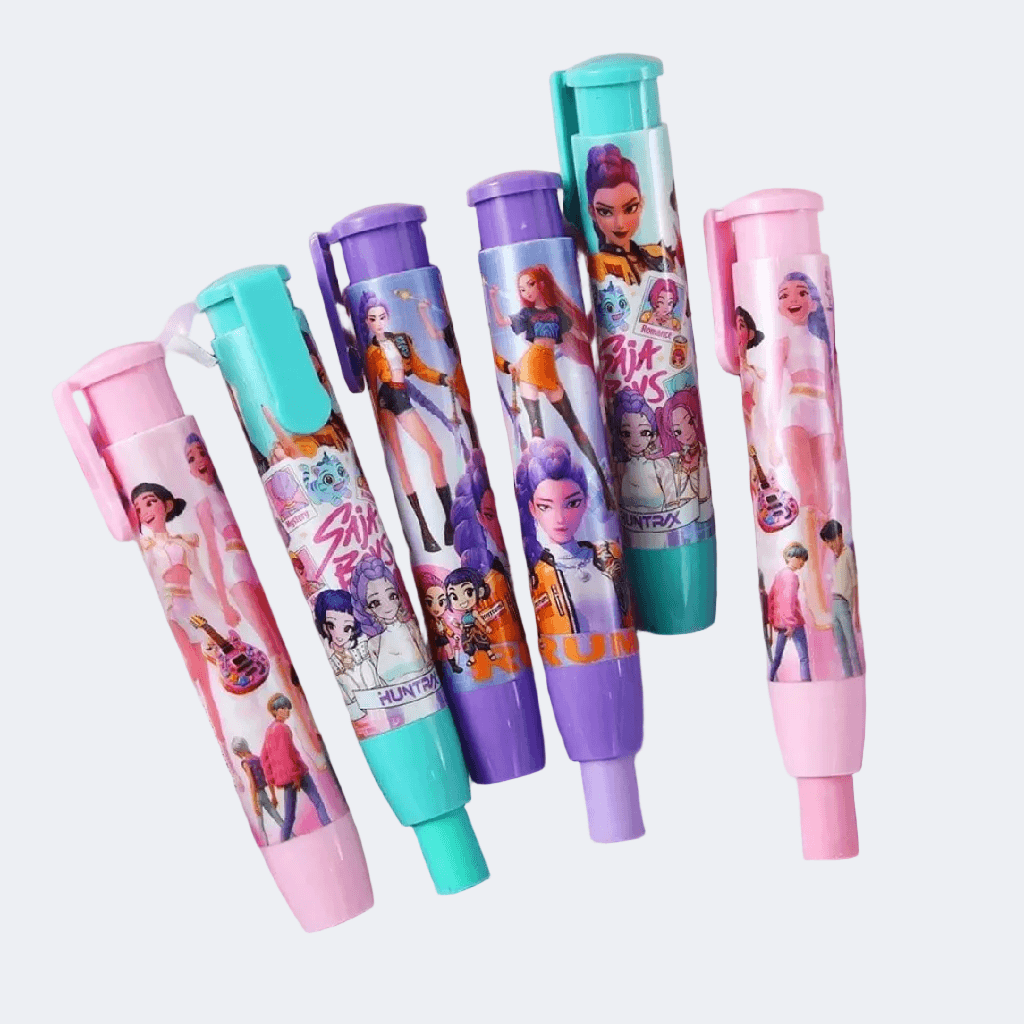 Set of colorful pens with character illustrations on a white background