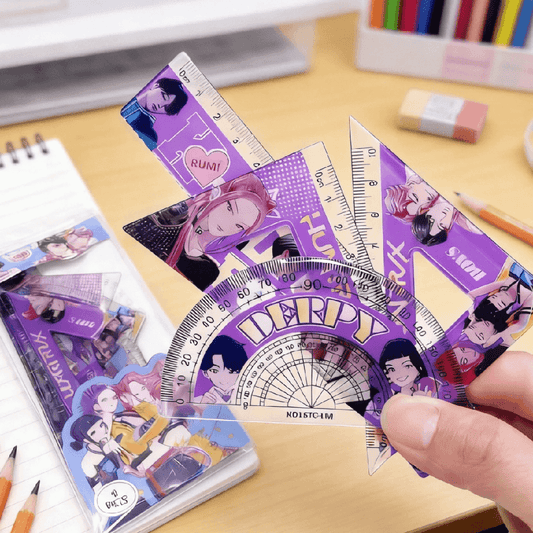 Set of geometric shapes with anime character design on a desk