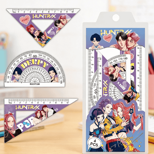 Set of stationery items with character design on a wooden surface