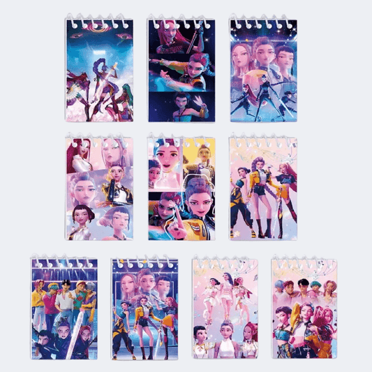 Set of small notebooks with colorful character illustrations on a white background