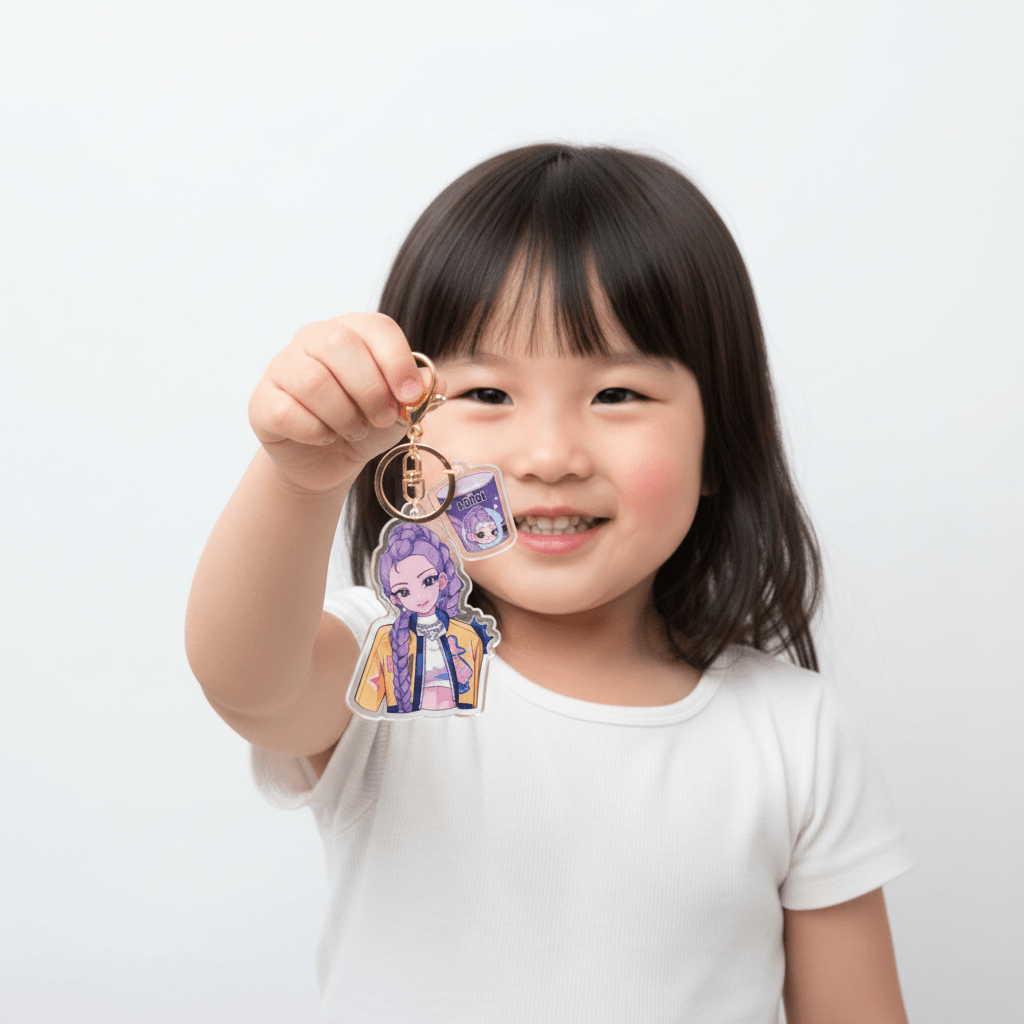 Keychain with an anime-style character and a small window displaying 'Rumi'.