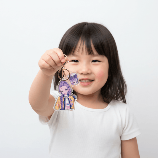 Keychain with an anime-style character and a small window displaying 'Rumi'.