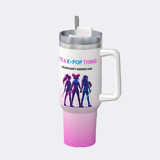 Tumbler with K-pop design and text on a white background
