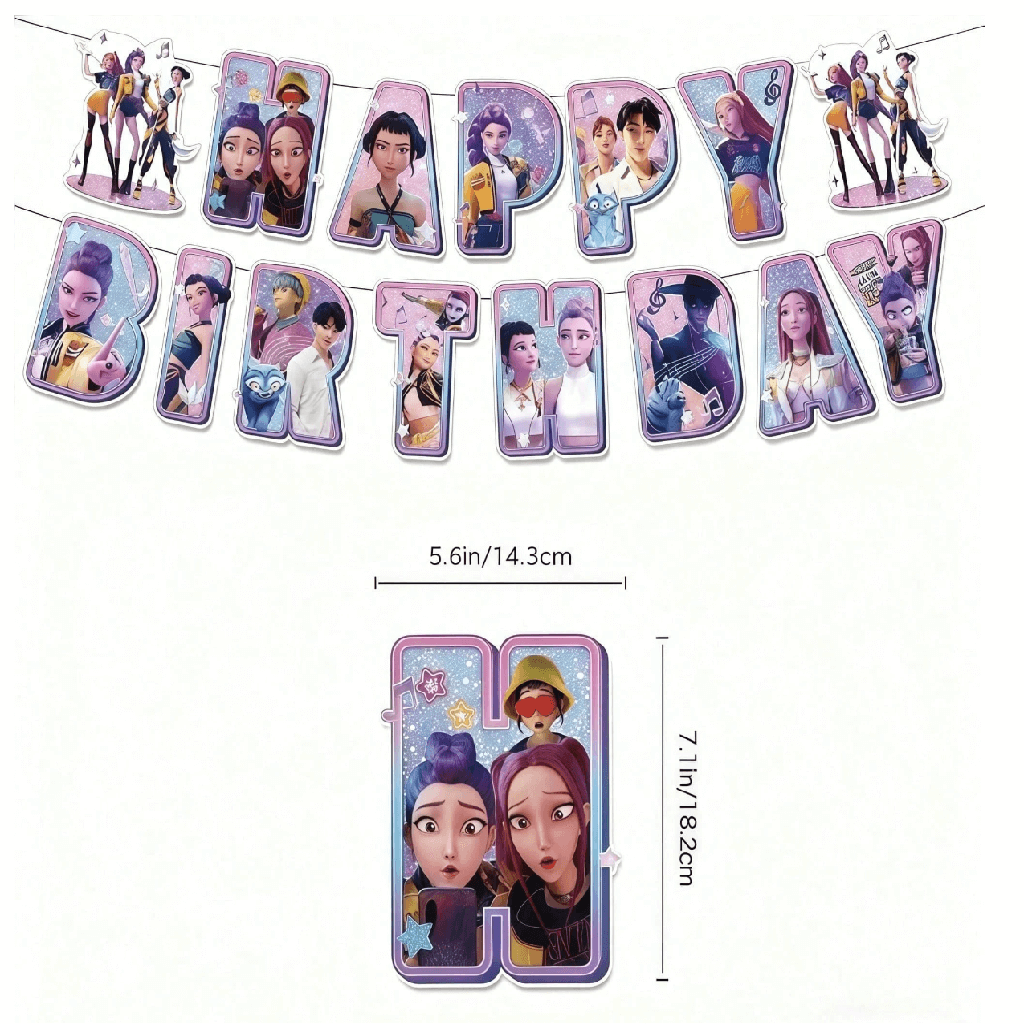 Birthday banner with cartoon characters and 'Happy Birthday' text, with dimensions displayed.