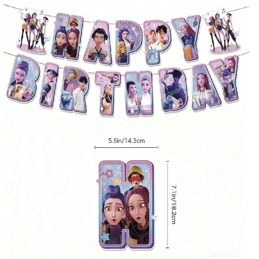 Birthday banner with cartoon characters and 'Happy Birthday' text, with dimensions displayed.