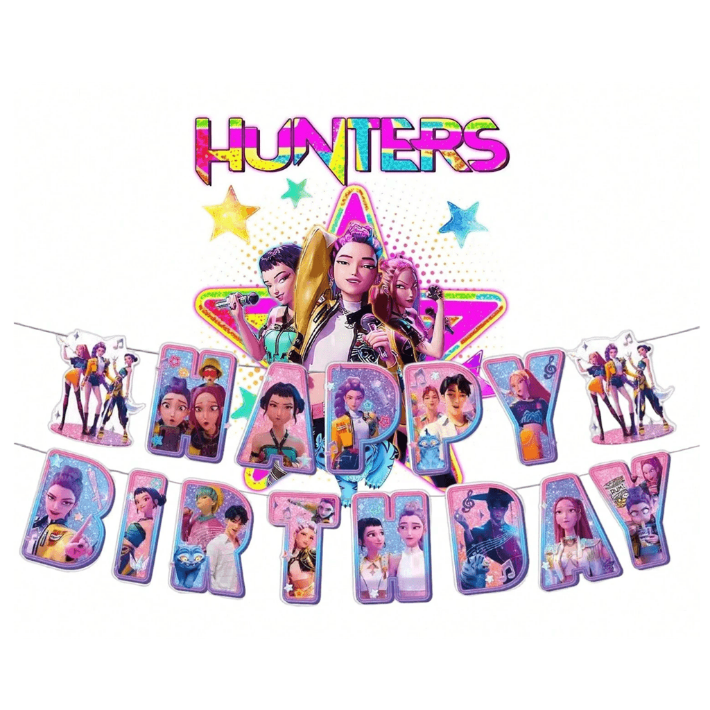 Birthday banner with character illustrations and 'Happy Birthday' text on a white background