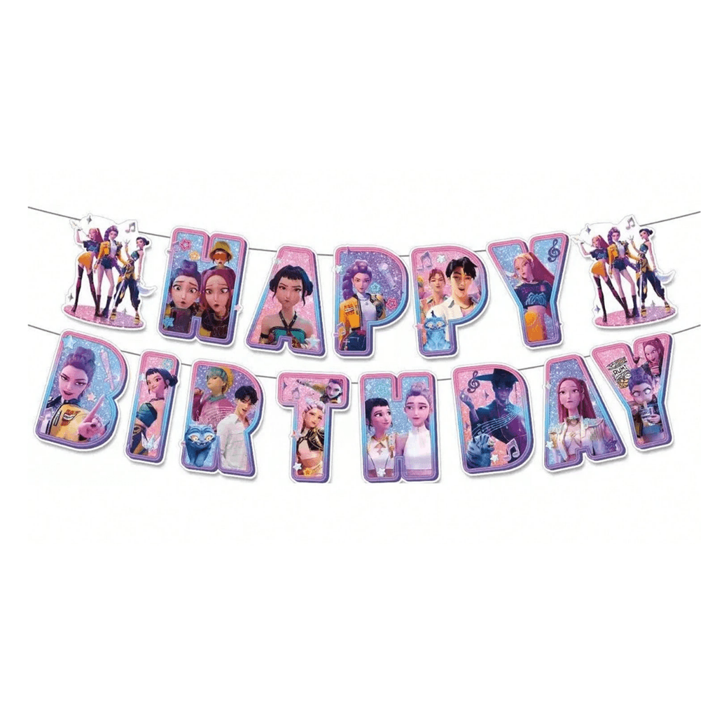 Happy Birthday banner with animated characters on a white background