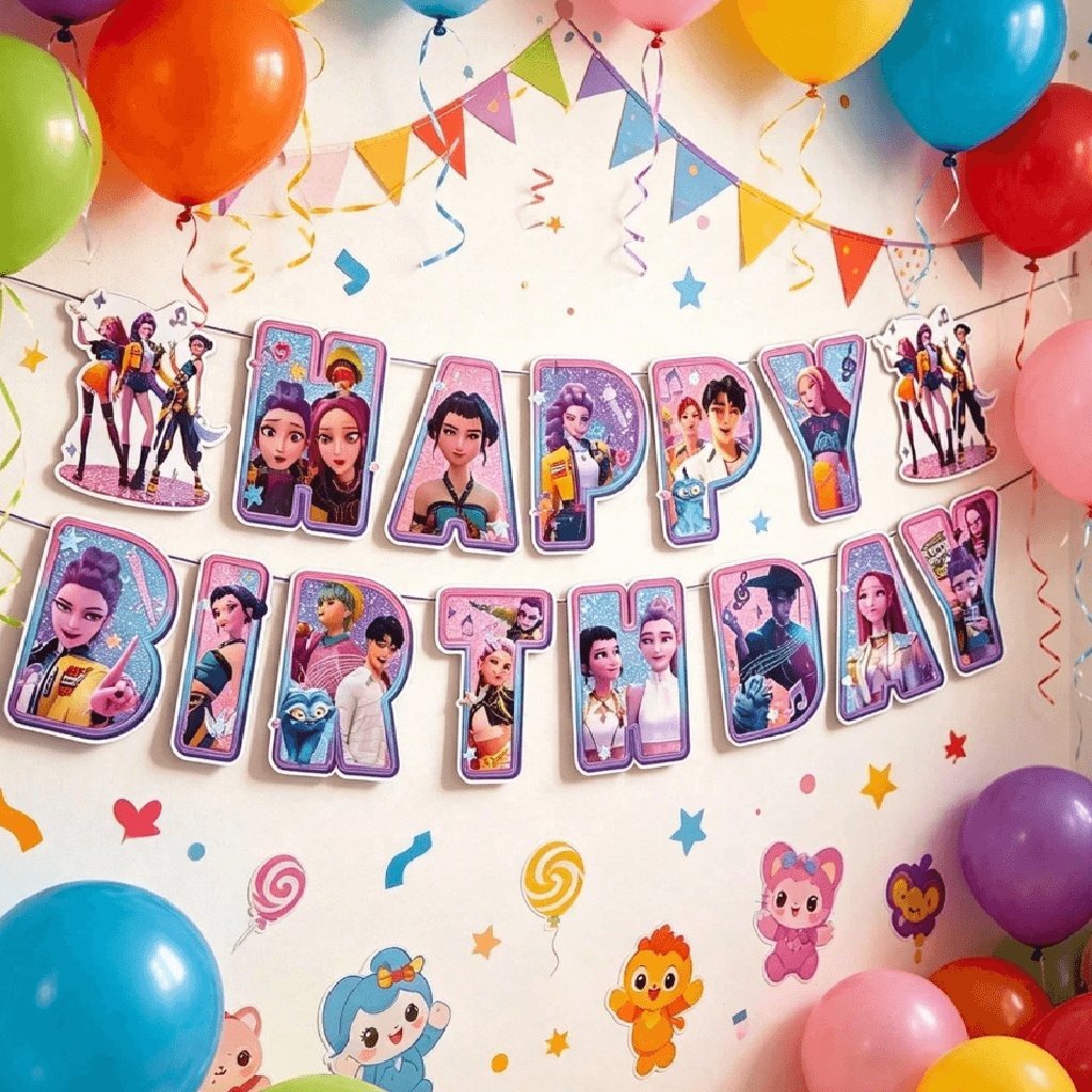 Birthday banner with animated characters and colorful balloons on a white background
