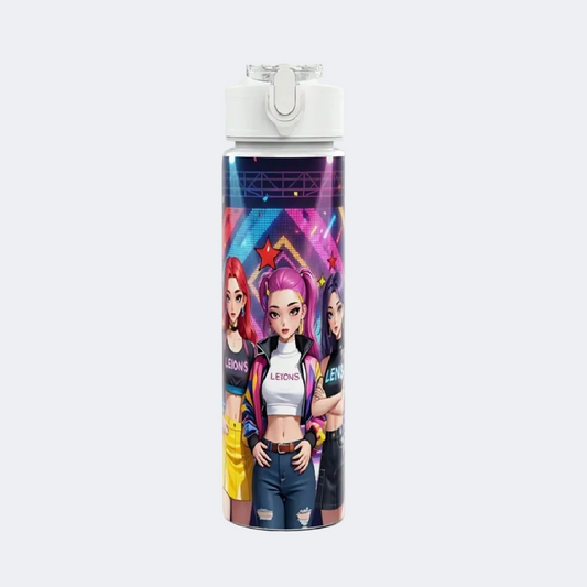 Water bottle with colorful design featuring characters on a white background