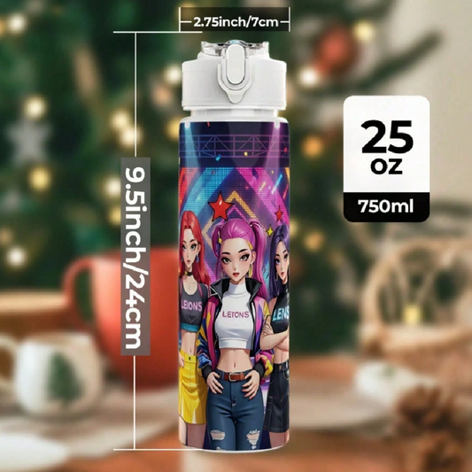 Tumbler with character design, measurements, and capacity details against a blurred festive background.